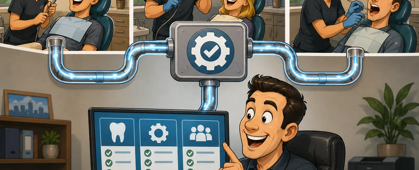Happy dental patients and a dentist showcase seamless dental practice management on a computer screen.