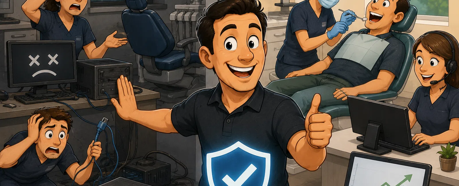 Contrasting scenes of IT technician fixing network issues and smiling confidently with stable connection in bright dental clinic.