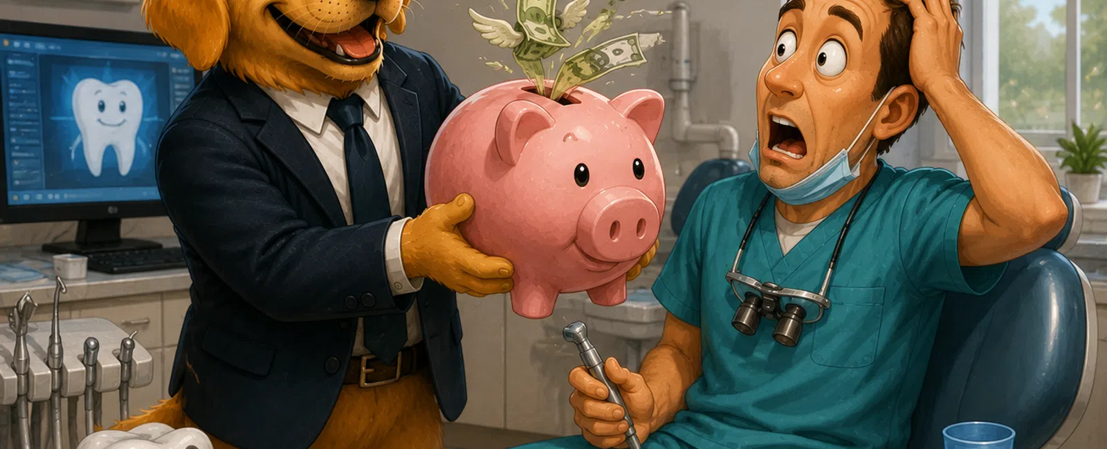 Dog in suit holding piggy bank with flying money surprises shocked dentist in dental clinic.