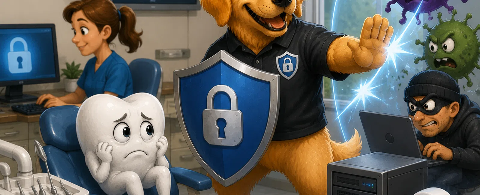 Dog with shield protects sad tooth in dental office from hacker and virus threats symbolizing cybersecurity.