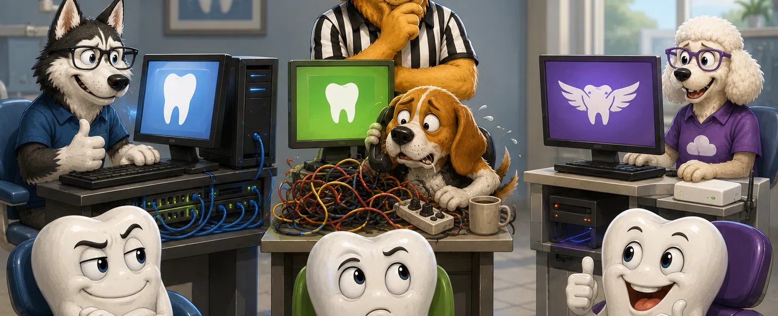 Anthropomorphic dogs perform dental computer repair while three animated teeth express emotions in colorful chairs.