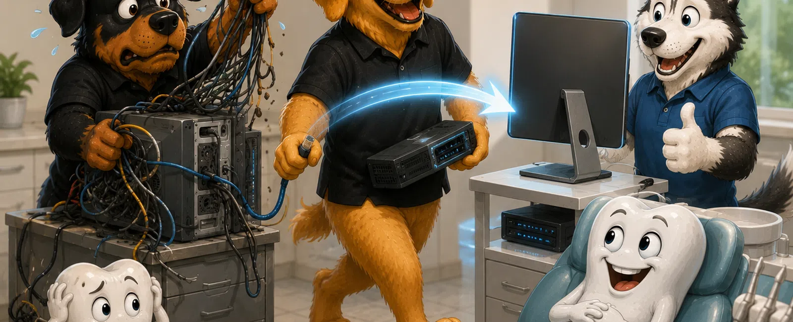Cartoon dogs fixing computer equipment while animated teeth characters relax in a dental office setting.
