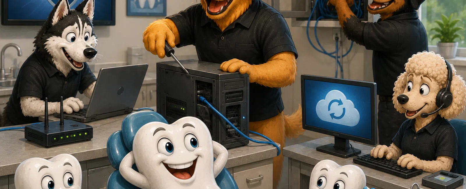 Anthropomorphic dogs repair computers and manage IT while animated teeth play dentist roles in a tech-themed office.