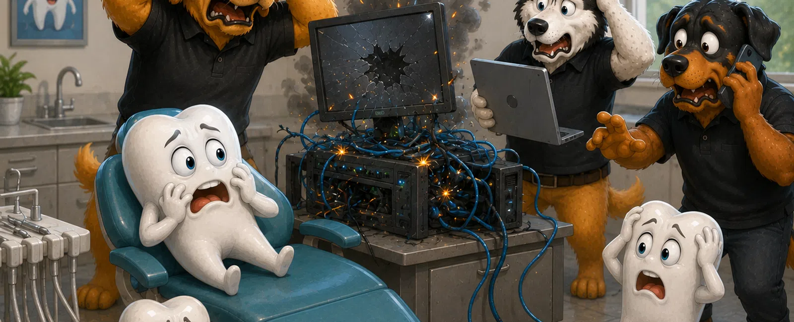 Cartoon dogs and scared teeth react to a broken, sparking computer in a dental office.