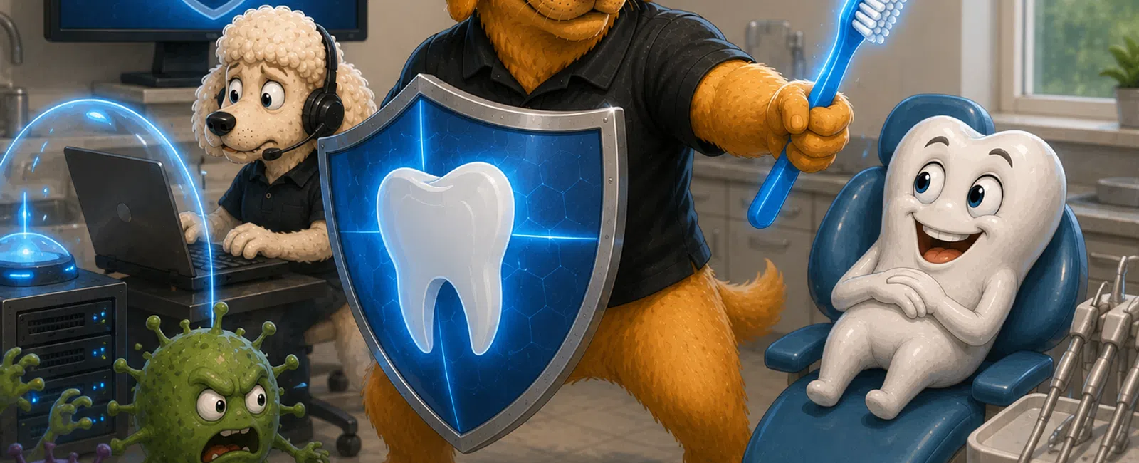 Dog in glasses defends smiling tooth with shield and toothbrush against angry germs in dental clinic.