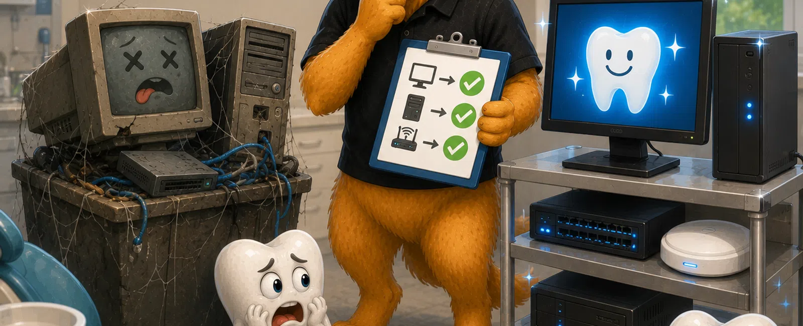 Dog technician with checklist repairs old computer while happy and scared teeth watch in dental office with digital monitor.