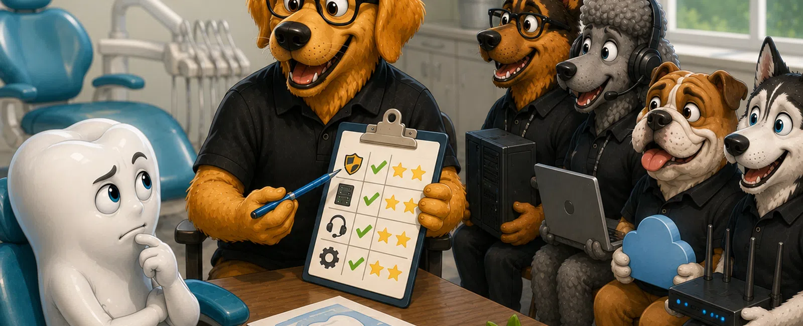 Dog characters in a dental office presenting a checklist to a worried tooth patient seated in a dentist chair.