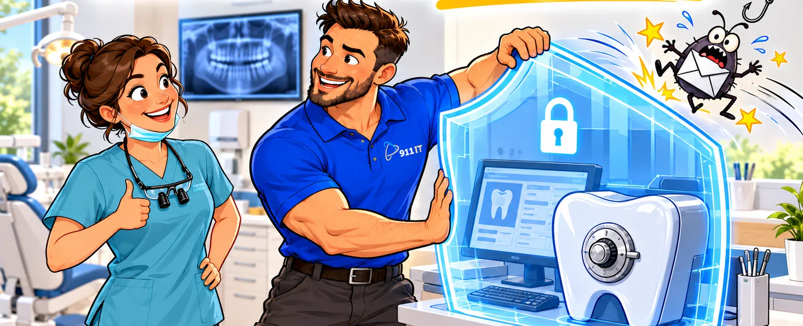 Dental office with smiling staff protecting a tooth inside a digital shield with overlaid text Protect PHI. Keep Smiling.
