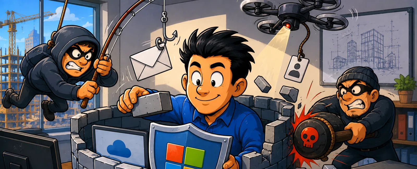 Person building a protective firewall with Microsoft shield blocking hackers and a surveillance drone in an office.