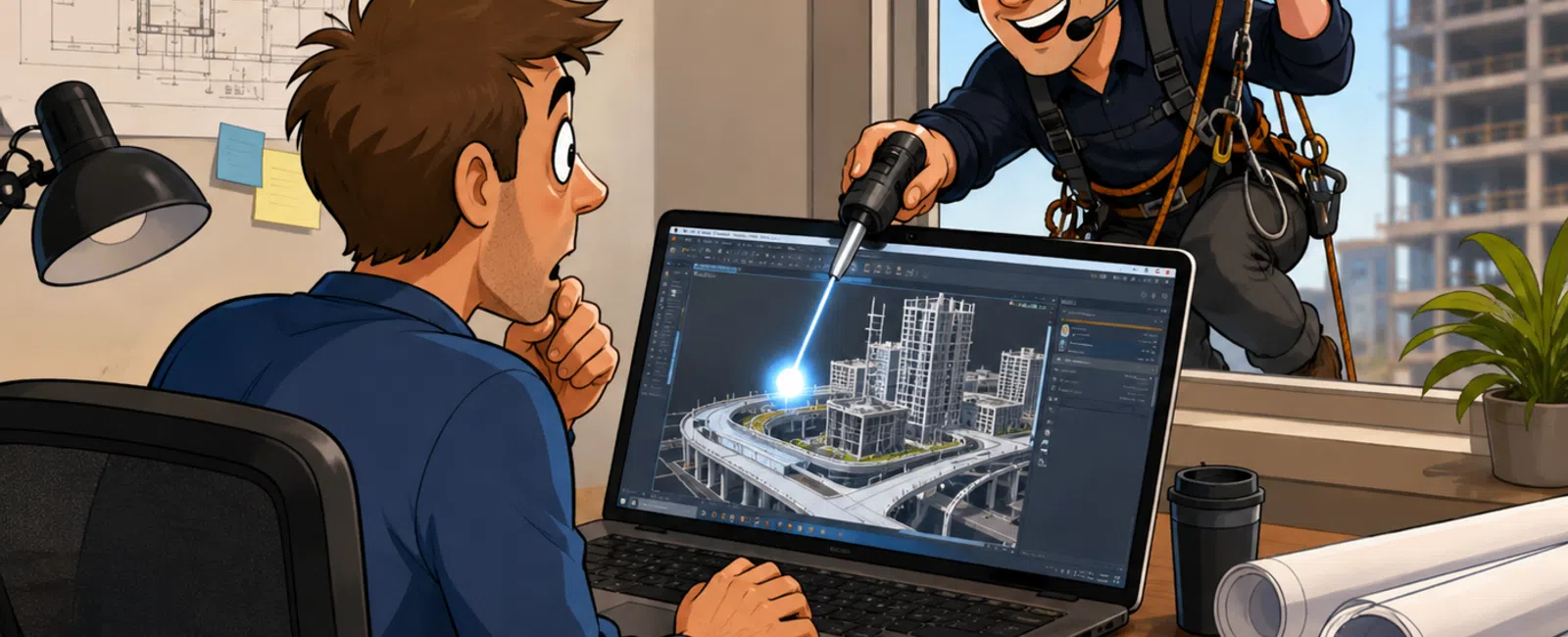 Architect reviews 3D city model on laptop while engineer points with laser from window at construction site.