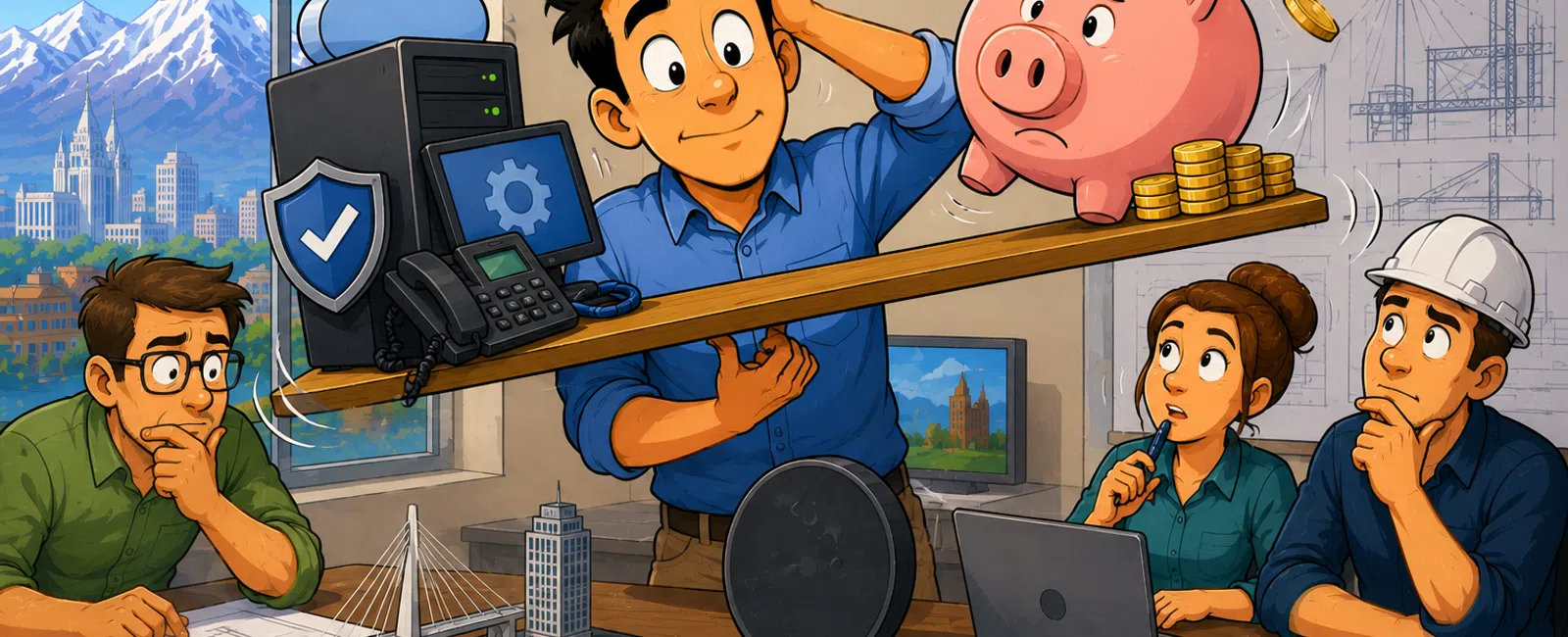 Engineer balancing technology and piggy bank on a seesaw while colleagues analyze blueprints in office.