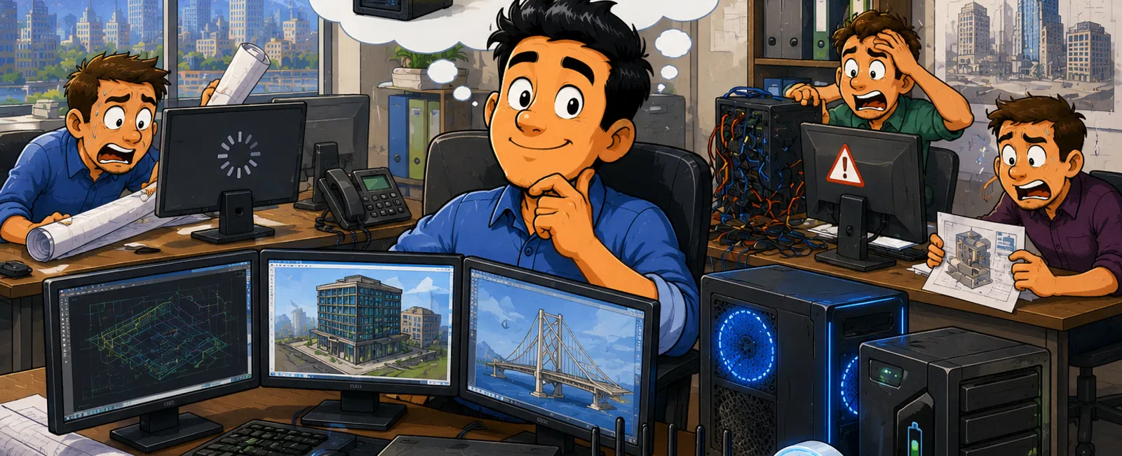 Engineers with computers and blueprints contrasting smooth workflow versus technical issues in office environment