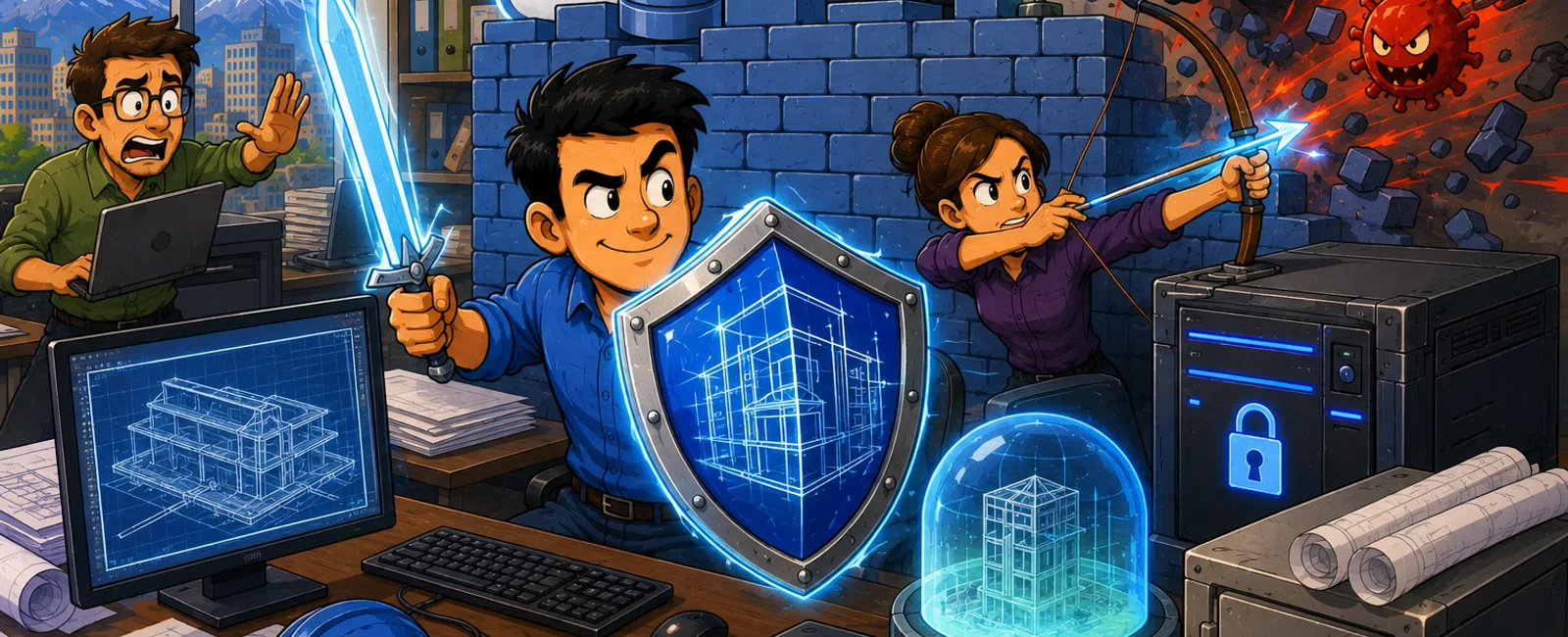 Two professionals protect digital blueprints with sword and bow against viruses behind a secure firewall and cloud storage.