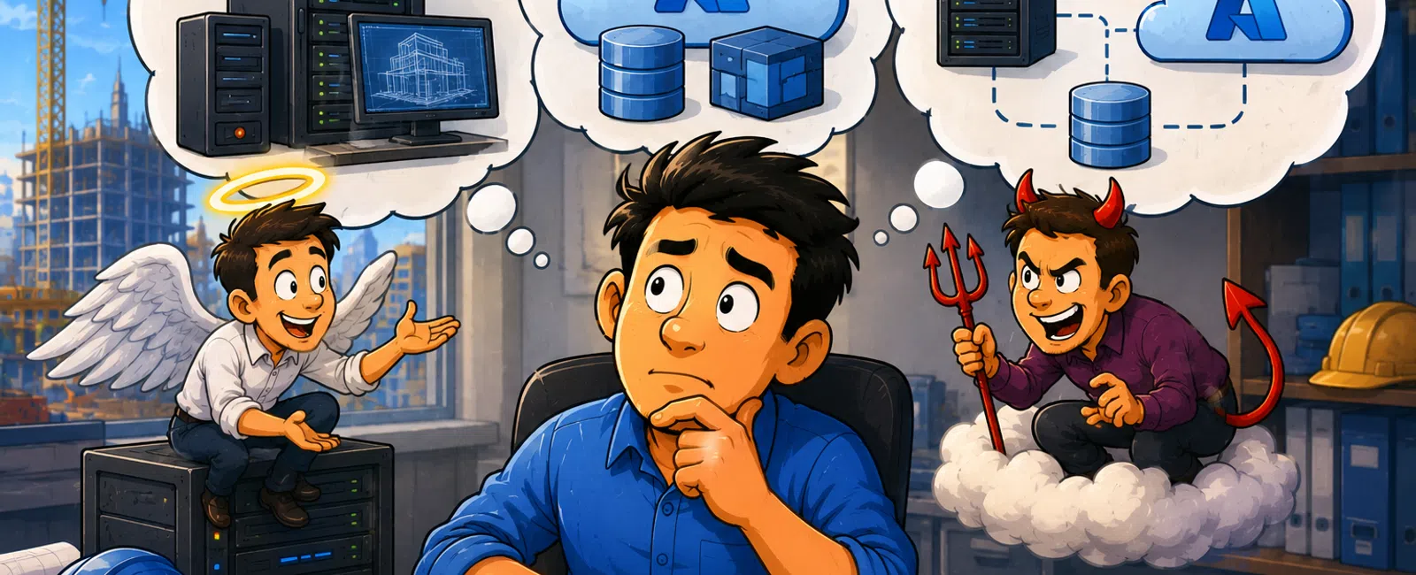 Person in blue shirt contemplates server and cloud storage options with angel and devil on shoulders.