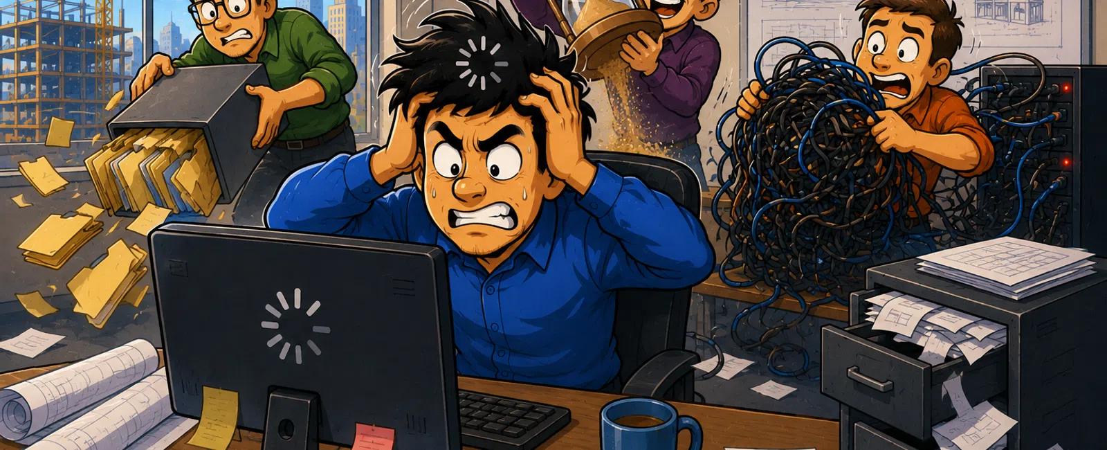 Stressed engineer overwhelmed by computer loading, falling files, tangled wires, and time pressure in busy office.