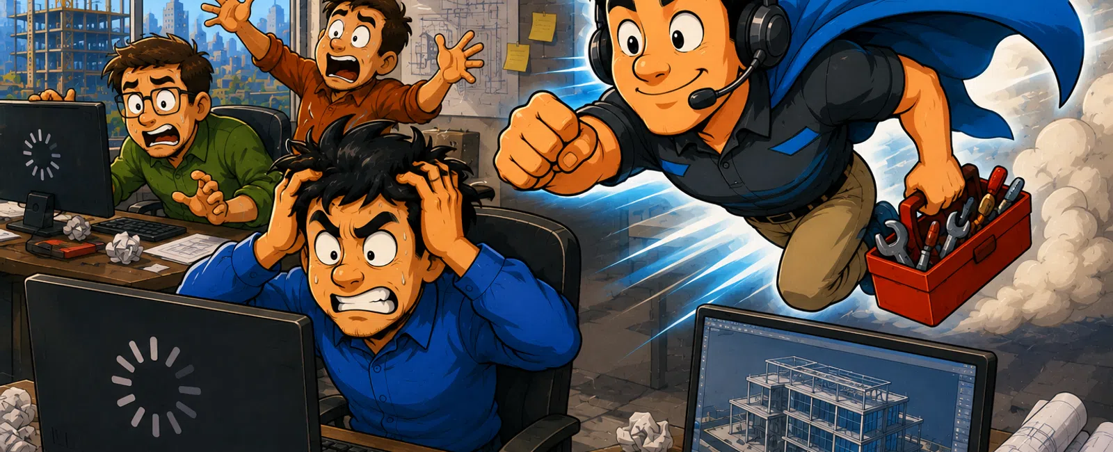 Frustrated engineers struggle with slow computers while a confident superhero tech support flies in to help with tools and headset.