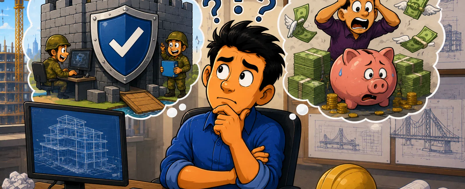 Engineer at desk contemplates cybersecurity defense or financial losses while working on construction blueprints with question marks.