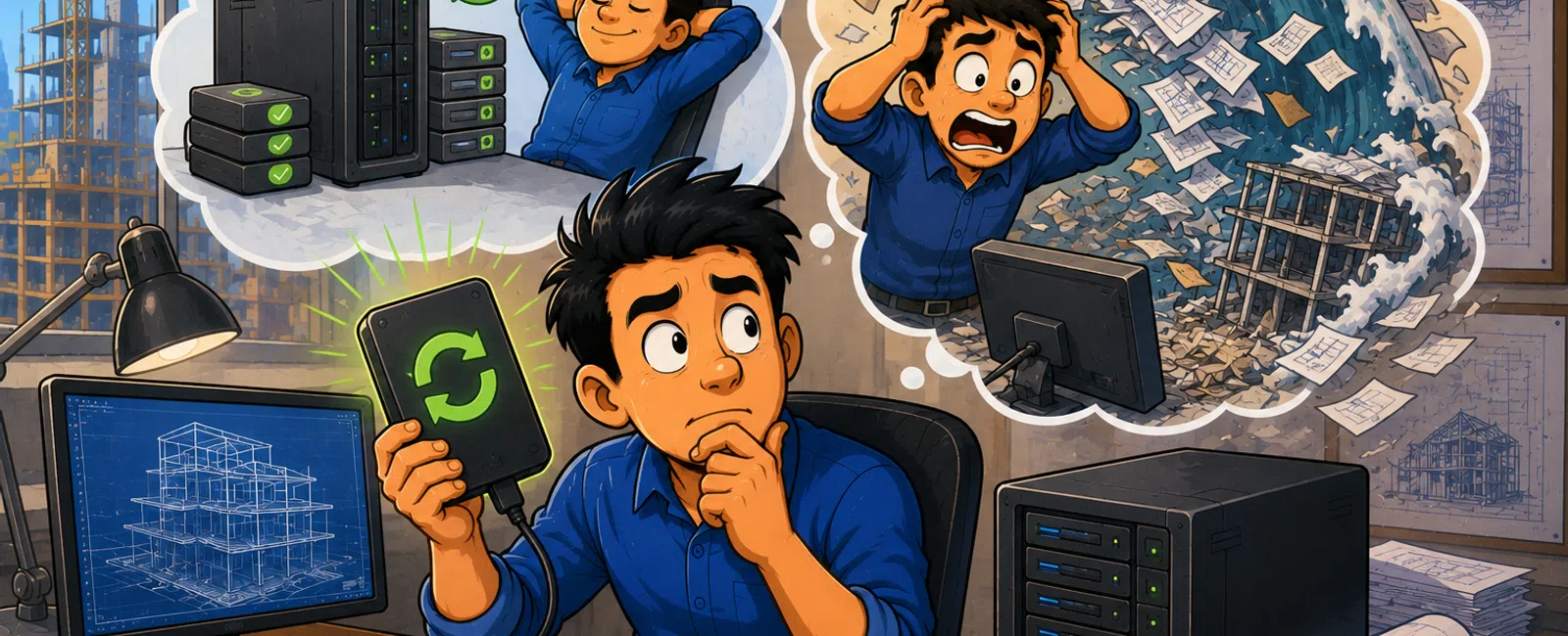 Man at desk worried about data loss while holding external drive with backup ideas in thought bubbles.