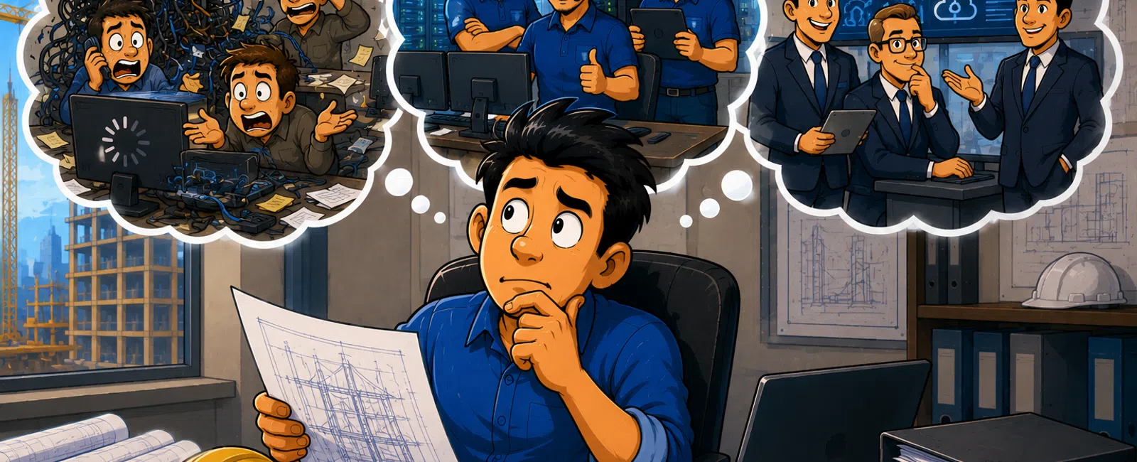 Engineer contemplates chaotic, teamwork, and business planning scenarios while reviewing blueprints at office desk.