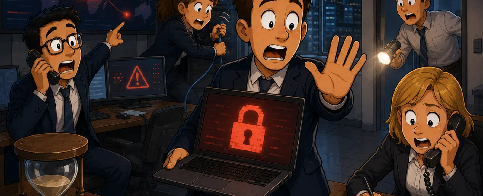 Office team reacts urgently to cybersecurity breach with red lock icons on screens and alarm light flashing