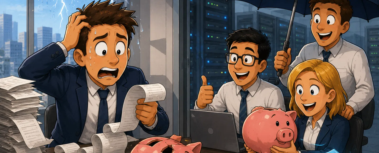 Worried businessman with broken piggy bank and storm cloud contrasts happy team protecting savings under umbrella indoors.