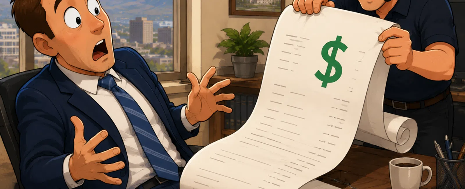 Surprised businessman in office reacts to a long receipt with a large green dollar sign held by a smiling man with headset.
