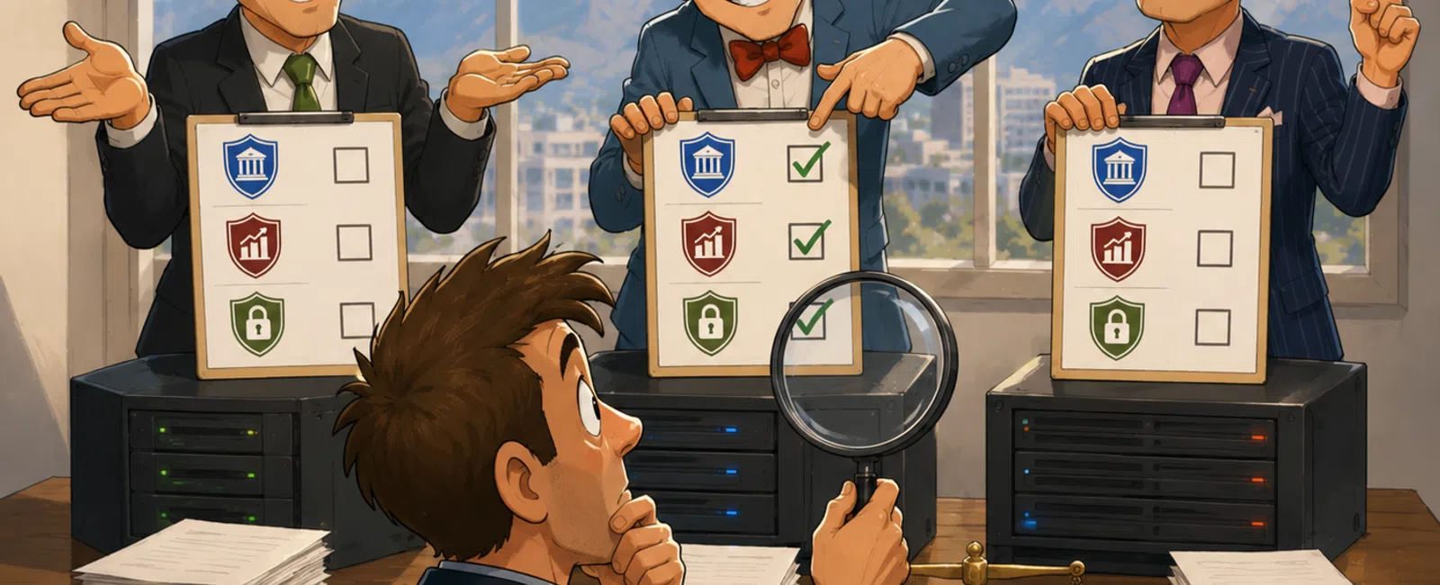 Businessman examines security checklists with magnifying glass while colleagues present compliance status in office.