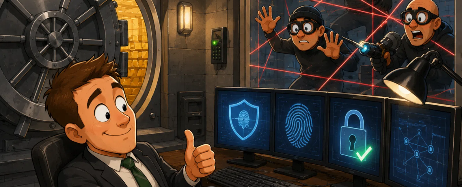 Man in suit securing a vault with fingerprint and lock security while thieves struggle with laser alarms.