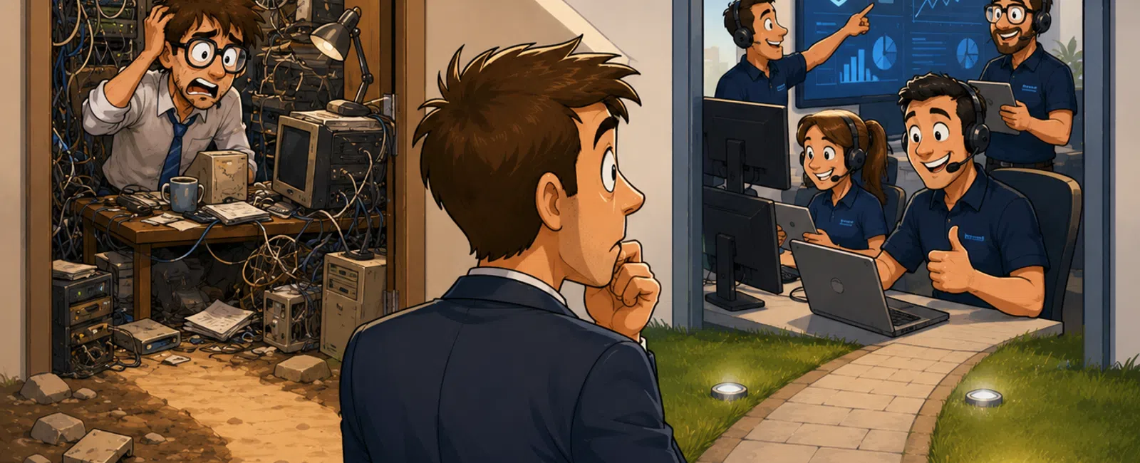 Man in suit deciding between chaotic old server room and modern secure cybersecurity office with happy team