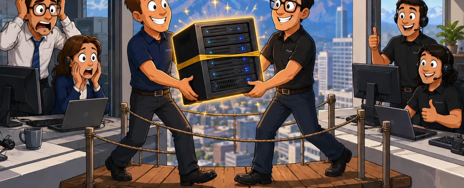 Two men on a suspended bridge pass a glowing server between office spaces with surprised coworkers and city background.