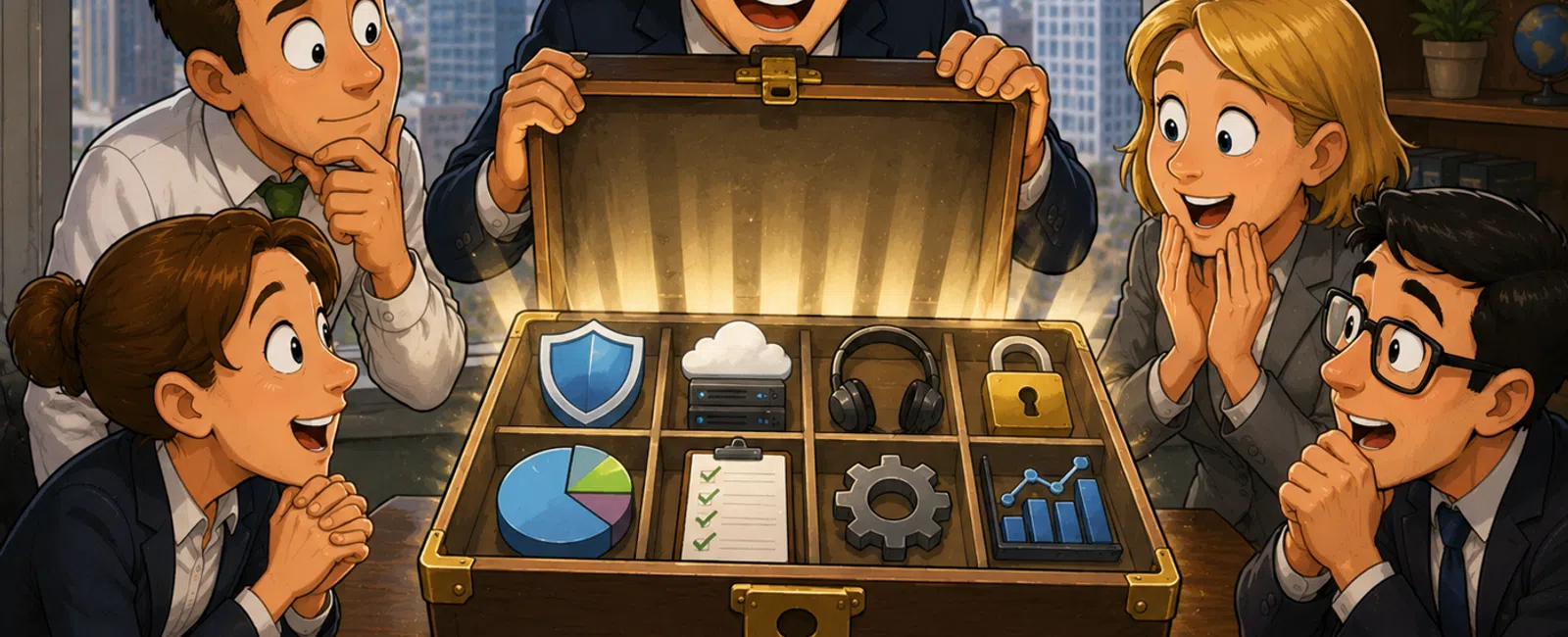 Business team excitedly examining a glowing briefcase filled with icons representing security, cloud, analytics, and technology.
