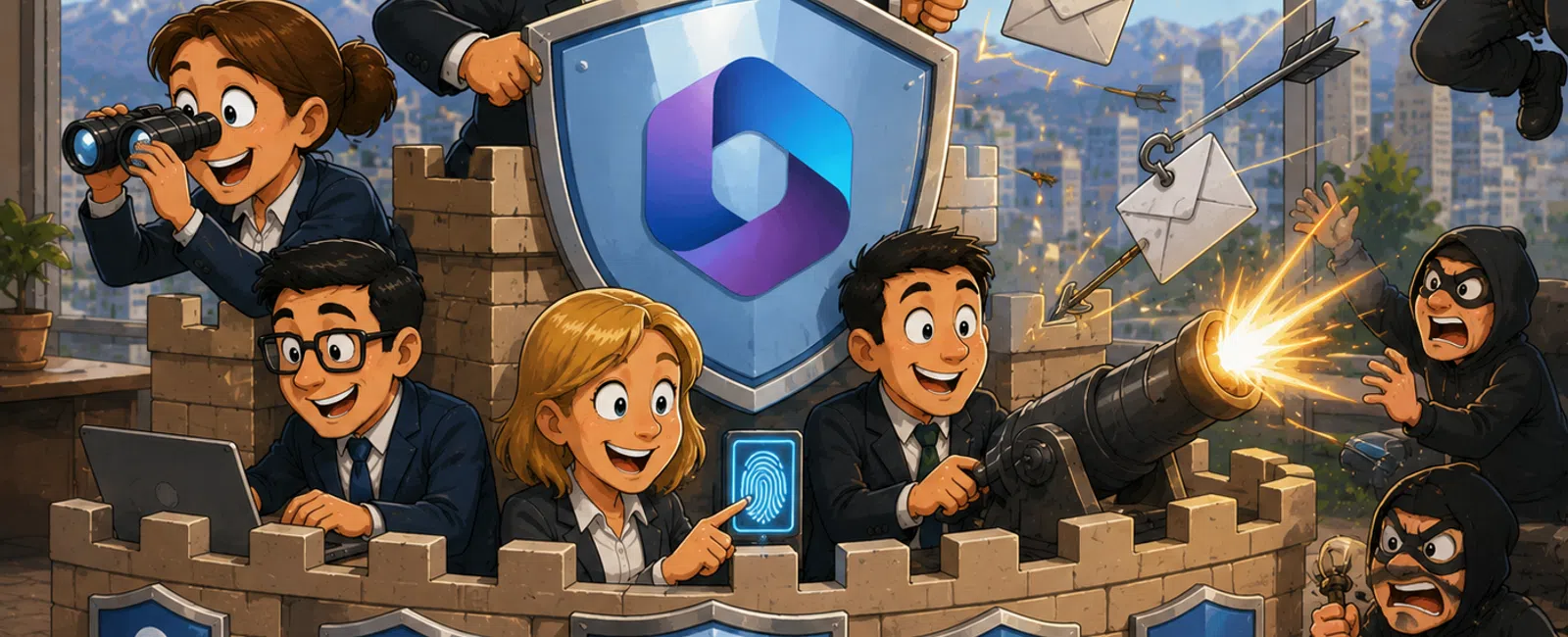 Business team defends digital fortress against hackers using shields, firewall, and security tools in a castle moat setting.