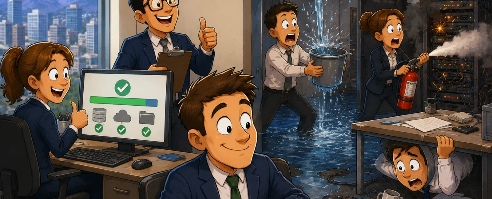 Office workers handle a server room flood and fire emergency while one confidently manages a control panel to protect data.