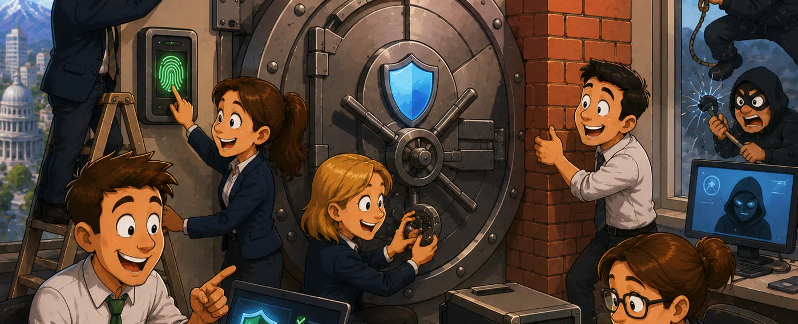 Team securing a vault with fingerprint scanner, surveillance cameras, and laptops while thieves try to break in.