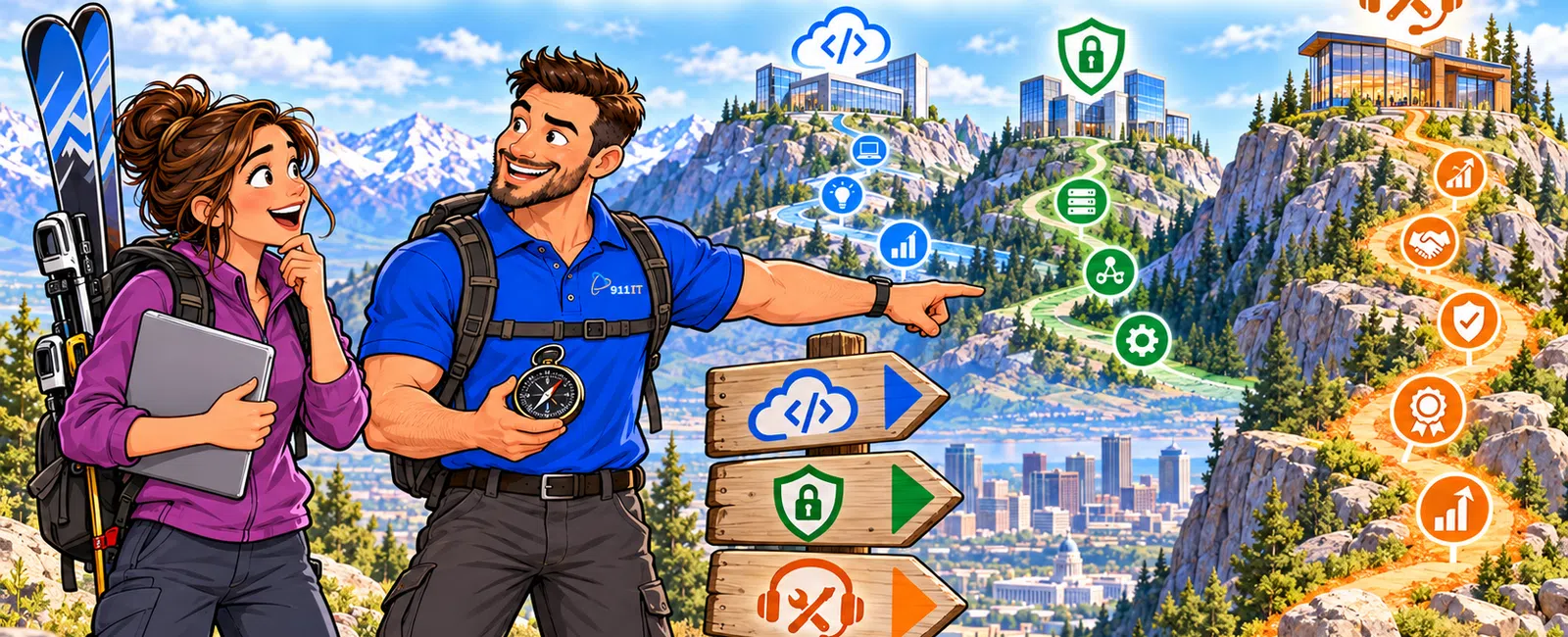 Two hikers with tech gear explore mountain trails with icons symbolizing coding, security, and IT career paths.