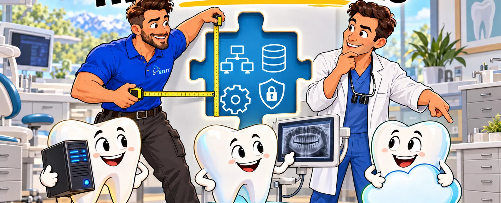 Two men in a dental office with cartoon teeth holding tech icons and overlaid text reading The Best Fit Wins