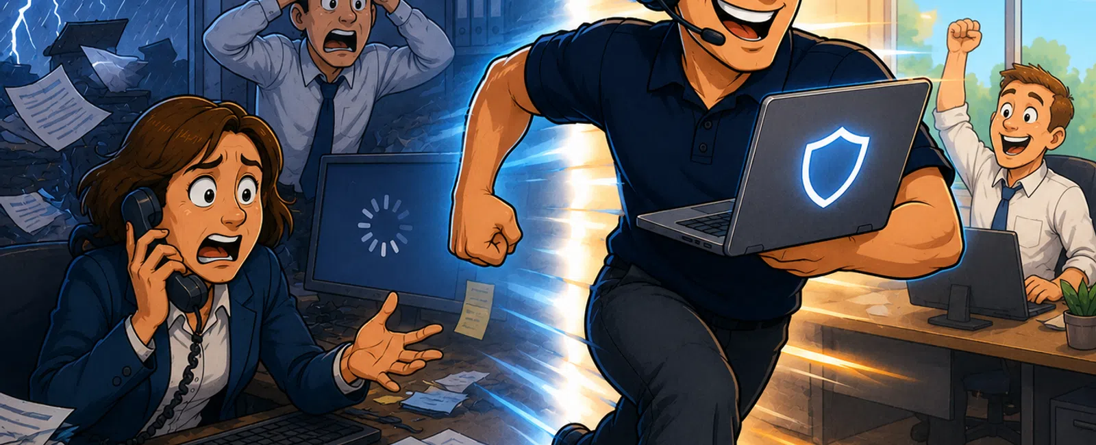 Tech support hero escapes chaotic stormy office to sunny, organized workspace with security shield laptop and happy coworkers.