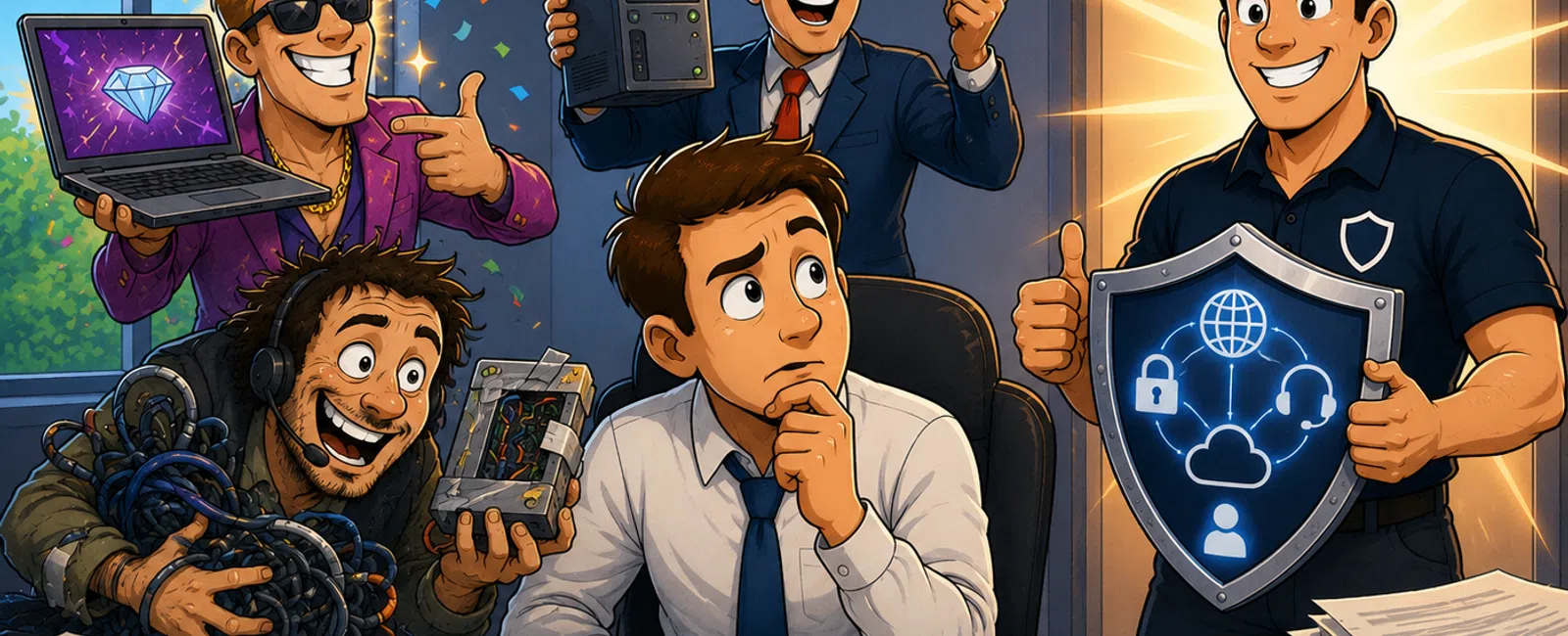 Businessman evaluating workflow with four IT professionals representing cloud, hardware, software, and security solutions in office setting.
