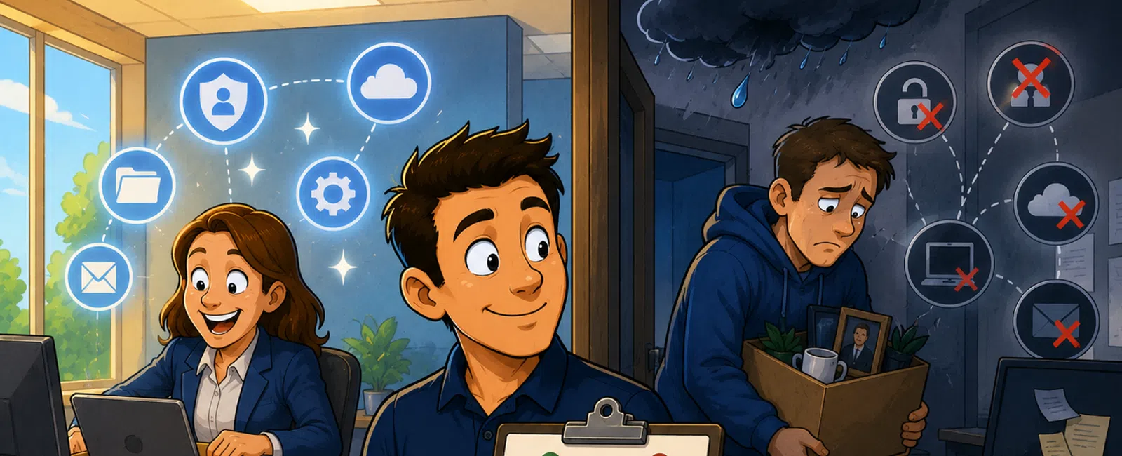 Illustration showing a happy employee with checklist, productive coworker, and sad employee losing job in dark office.