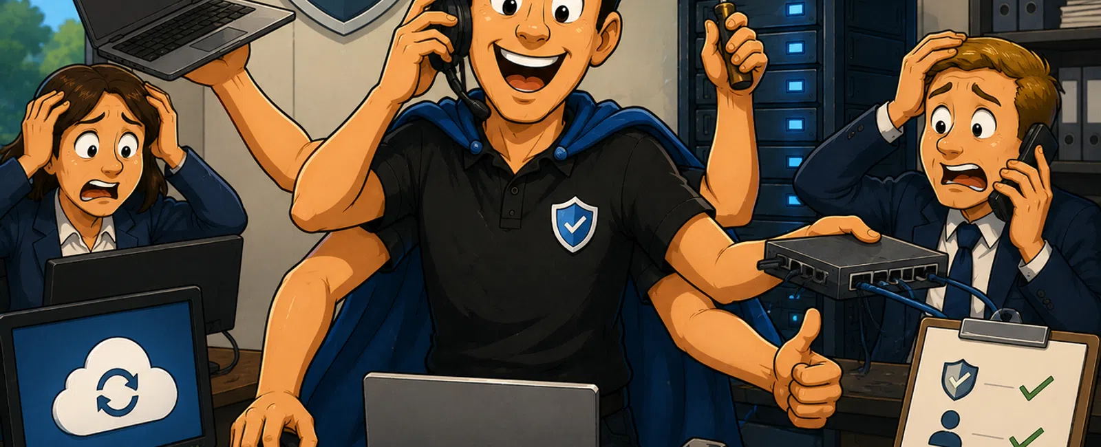 Smiling cybersecurity expert with multiple arms managing IT tasks amid stressed colleagues and stormy server issues.