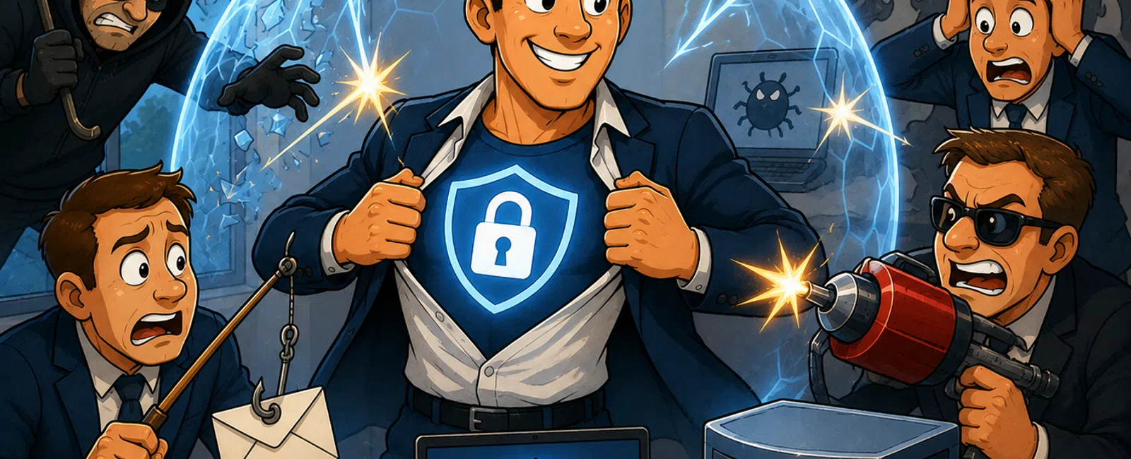Confident man with digital shield protecting against hackers and cyber threats in a secure cyber environment.
