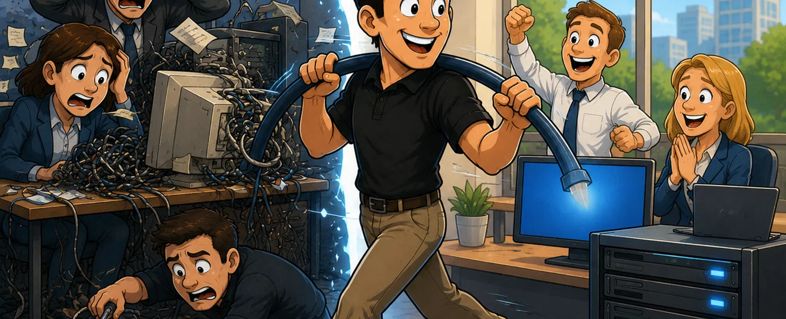 Man fixes tangled cables escaping chaos to a clean, efficient office with happy coworkers and smooth running servers.