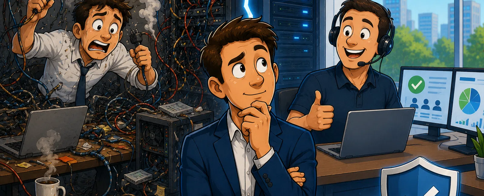 Split scene showing a chaotic server room with a stressed man and a calm, secure office with happy IT support.