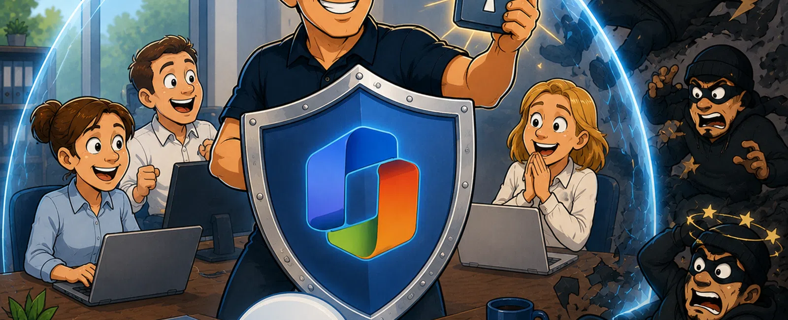 Team protected by a digital security shield from hackers, showcasing cloud-based cybersecurity and data protection icons.