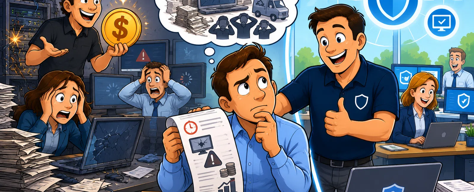 Split scene showing stressed workers on left with cyber attack and happy team on right secured by cybersecurity solution.