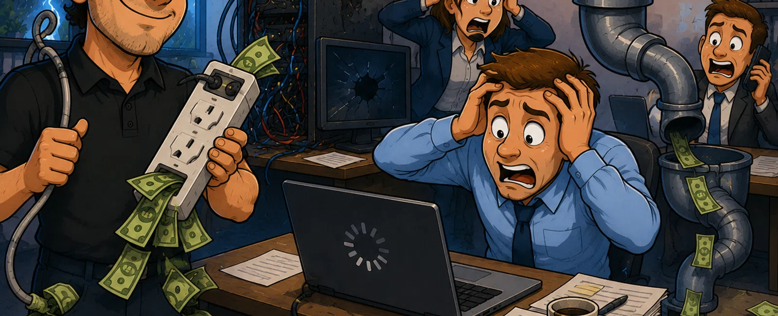 Technician unplugging a power strip releasing money, while stressed office workers react to a malfunctioning computer and money flowing through pipes.