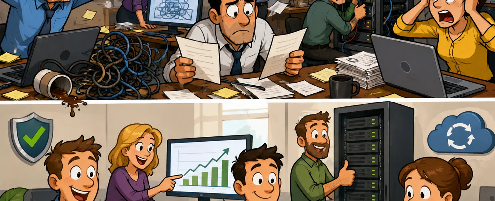 Contrast between stressed team with failed server and happy team with secure, efficient server operation in office setting.