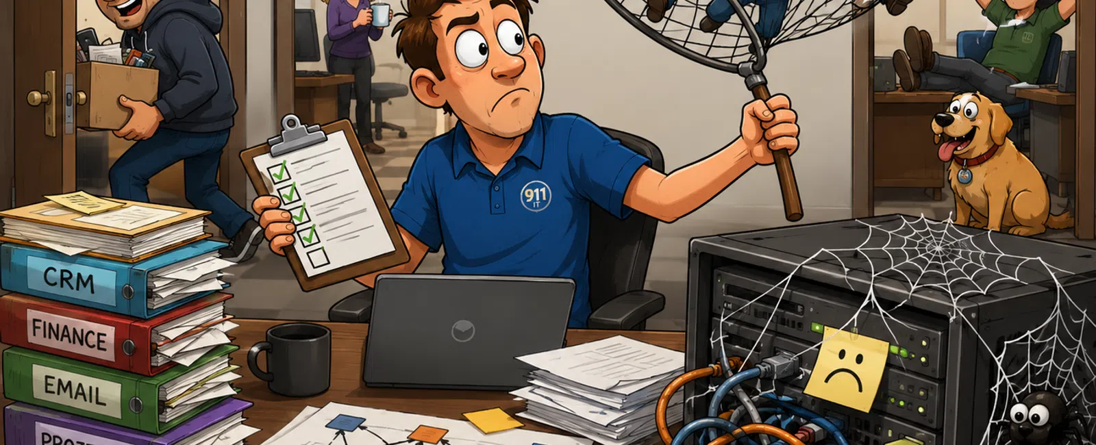 IT worker catching tiny stressed coworkers in a net, tangled cables, messy office with folders and a thief leaving.