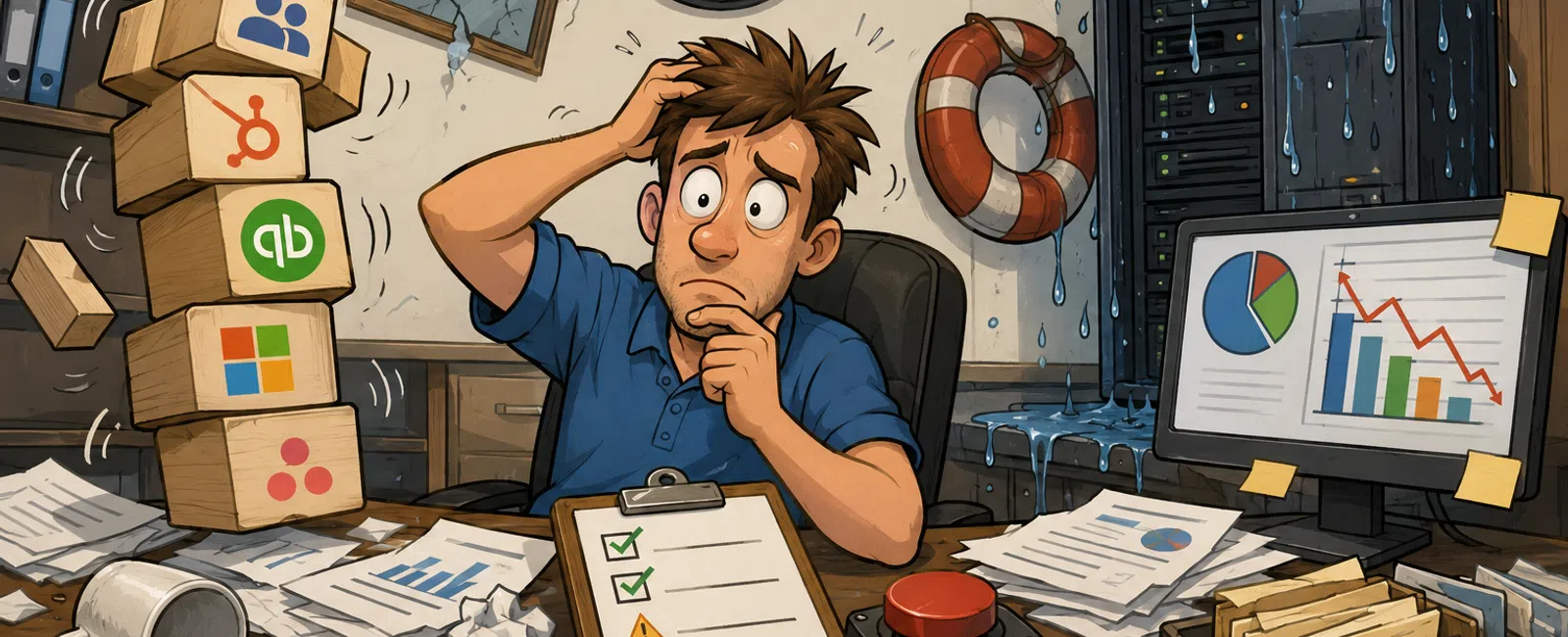 Stressed man at cluttered desk with falling boxes, spilled coffee, and leaking server in chaotic office scene.