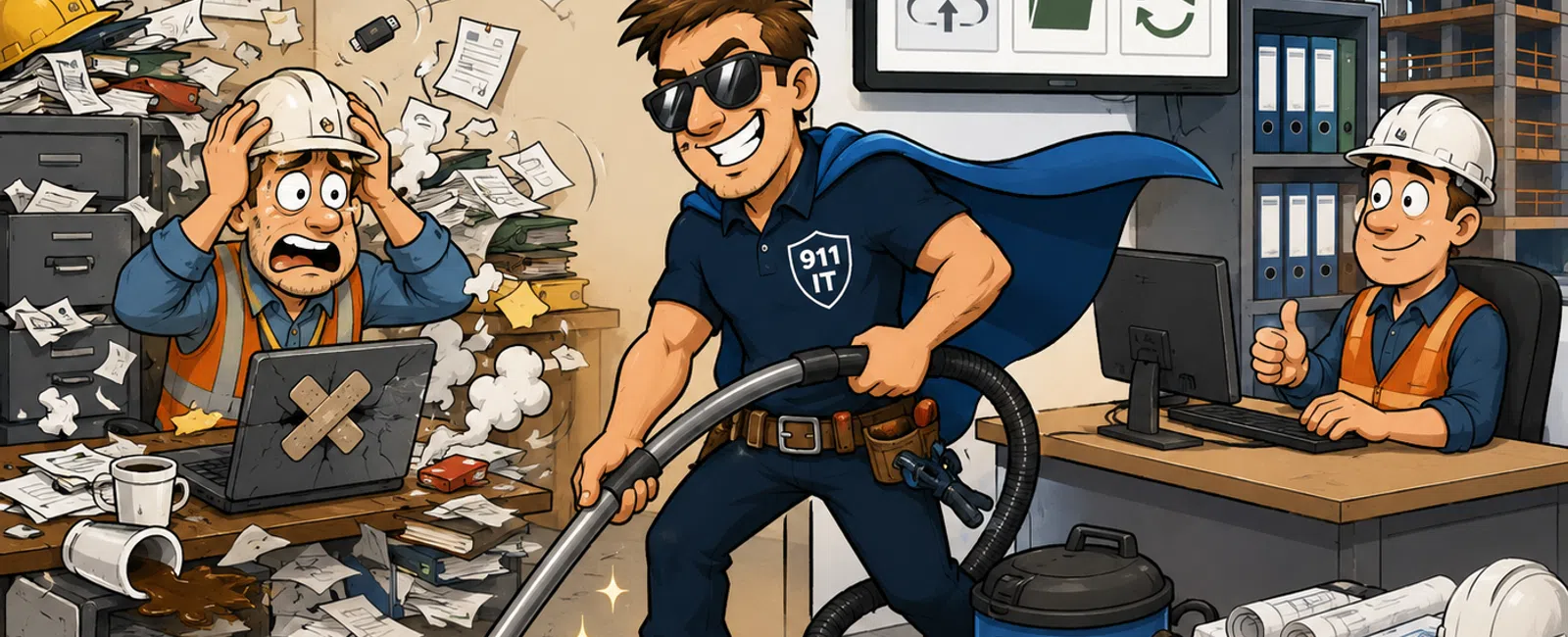 Superhero IT technician cleans chaotic office while another worker gives thumbs up in organized work area.